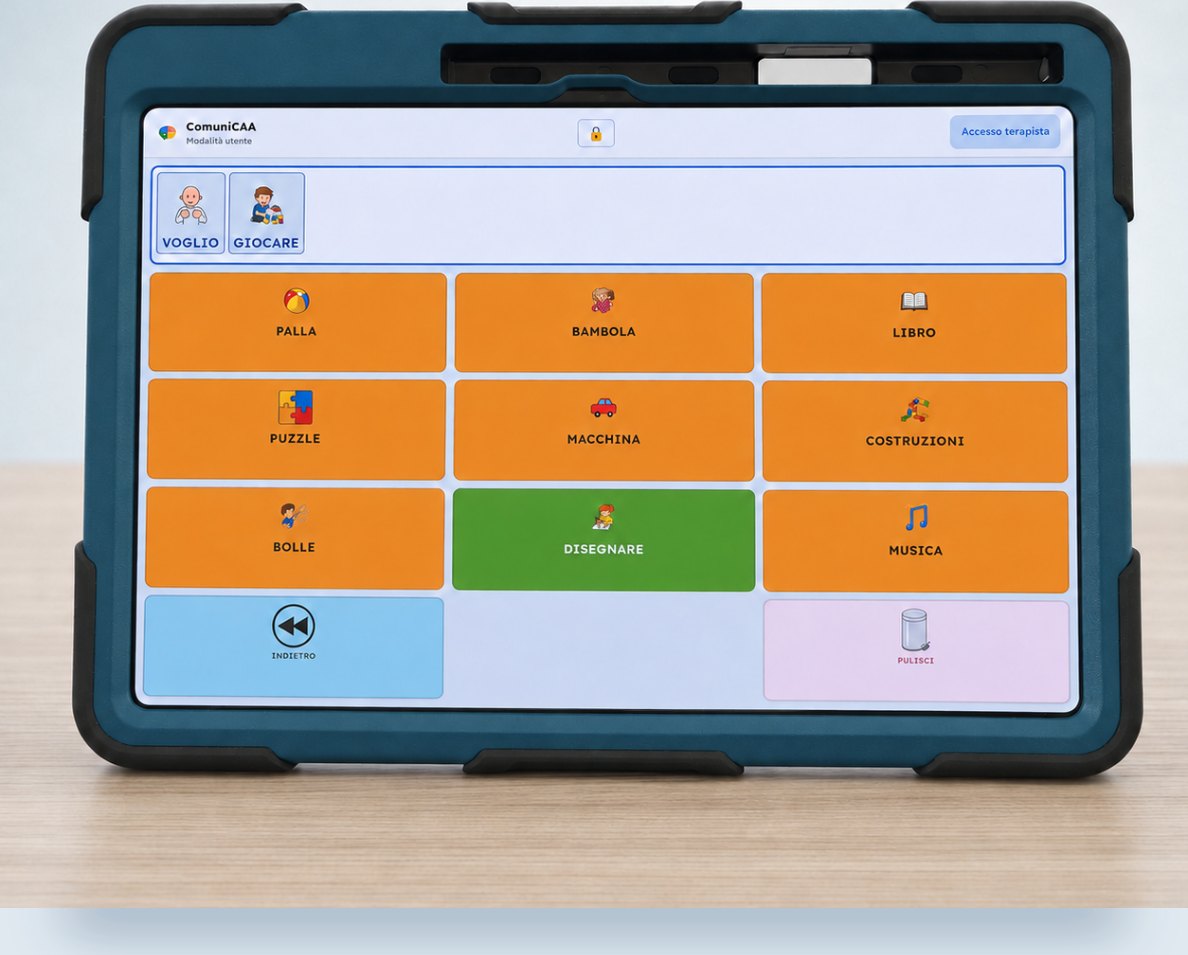 Tablet ComuniCAA sulla pagina dei giochi: palla, bambola, libro, puzzle, macchina, costruzioni, bolle, disegnare, musica. Nella barra in alto la frase composta «voglio giocare».