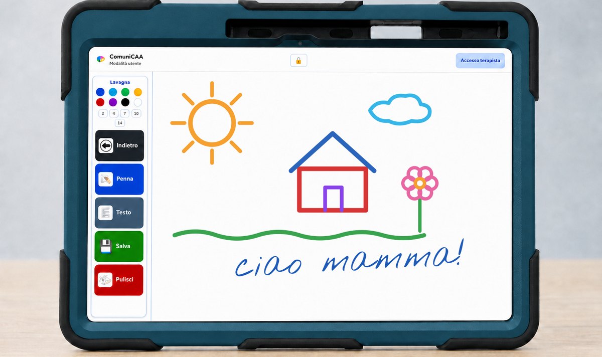 Tablet ComuniCAA con la lavagna di disegno aperta: un disegno con sole, casa, fiore e la scritta «ciao mamma!».