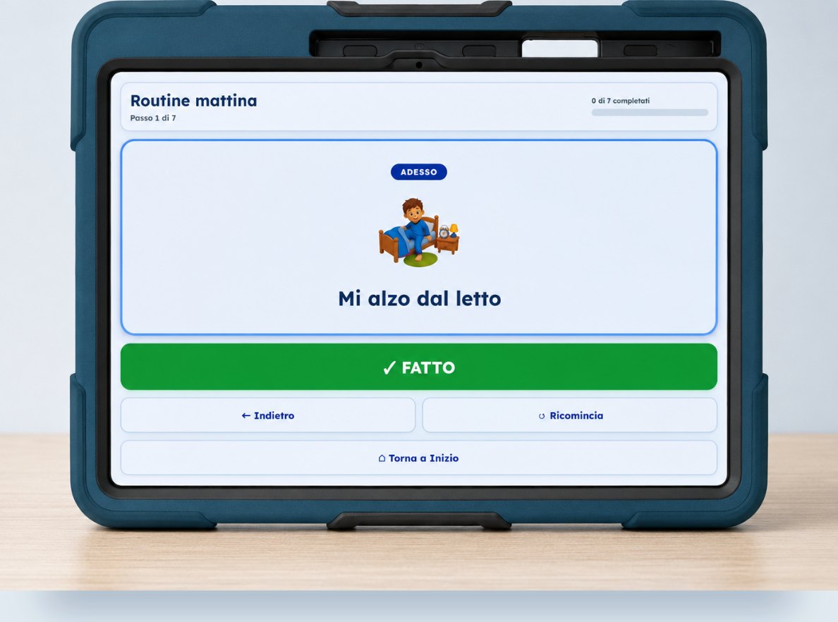 Tablet ComuniCAA sulla routine del mattino: il passo corrente «Mi alzo dal letto» con il pulsante Fatto.